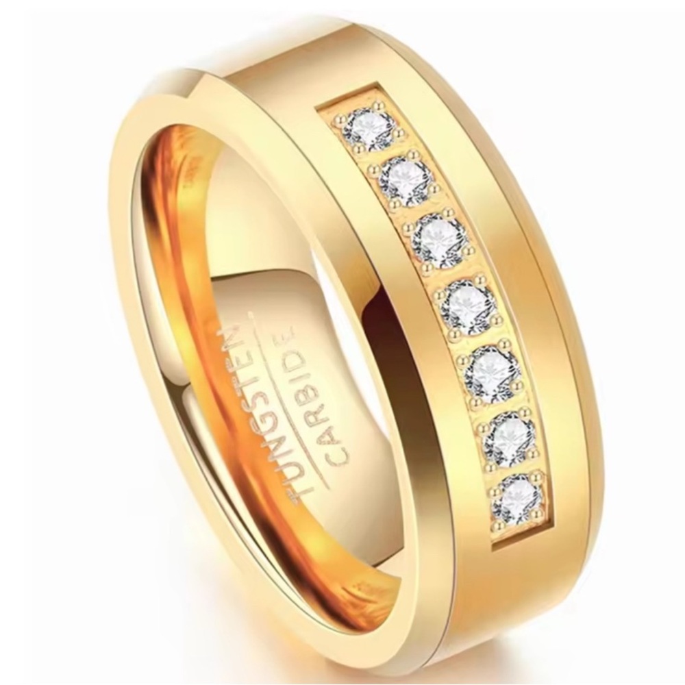 NEW 8mm Gold Tungsten Ring with CZ Stones – Unisex Statement Band (Size 12)